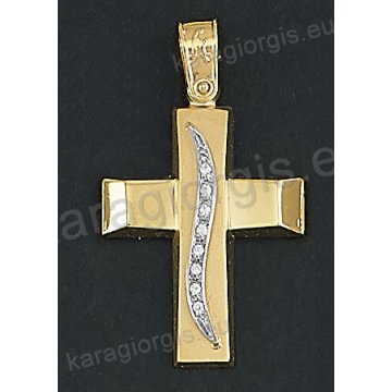 Δίχρωμος βαπτιστικός σταυρός Κ14 χρυσός με λευκόχρυσο για κορίτσι με λουστρέ και ματ φινίρισμα και άσπρες πέτρες ζιργκόν