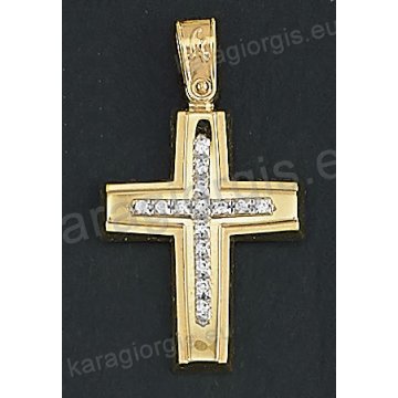 Δίχρωμος βαπτιστικός σταυρός Κ14 χρυσός με λευκόχρυσο για κορίτσι με λουστρέ και ματ φινίρισμα και άσπρες πέτρες ζιργκόν