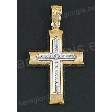 Δίχρωμος βαπτιστικός σταυρός Κ14 χρυσός με λευκόχρυσο για κορίτσι με λουστρέ και σαγρέ φινίρισμα και άσπρες πέτρες ζιργκόν