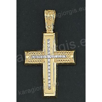 Δίχρωμος βαπτιστικός σταυρός Κ14 χρυσός με λευκόχρυσο για κορίτσι με λουστρέ και σφυρίλατο φινίρισμα και άσπρες πέτρες ζιργκόν