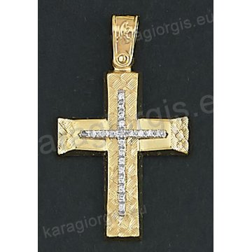 Δίχρωμος βαπτιστικός σταυρός Κ14 χρυσός με λευκόχρυσο για κορίτσι με ματ και διαμαντέ φινίρισμα και άσπρες πέτρες ζιργκόν