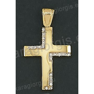Δίχρωμος βαπτιστικός σταυρός Κ14 χρυσός με λευκόχρυσο για κορίτσι με λουστρέ φινίρισμα και άσπρες πέτρες ζιργκόν