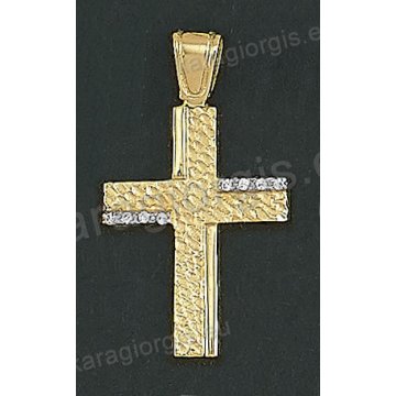 Δίχρωμος βαπτιστικός σταυρός Κ14 χρυσός με λευκόχρυσο για κορίτσι με λουστρέ και σφυρίλατο φινίρισμα και άσπρες πέτρες ζιργκόν