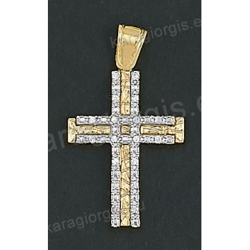 Δίχρωμος βαπτιστικός σταυρός Κ14 χρυσός με λευκόχρυσο για κορίτσι με σφυρίλατο φινίρισμα και άσπρες πέτρες ζιργκόν