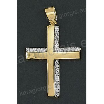 Δίχρωμος βαπτιστικός σταυρός Κ14 χρυσός με λευκόχρυσο για κορίτσι με λουστρέ φινίρισμα και άσπρες πέτρες ζιργκόν