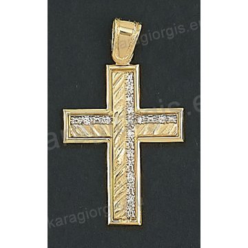 Δίχρωμος βαπτιστικός σταυρός Κ14 χρυσός με λευκόχρυσο για κορίτσι με λουστρέ και ματ γραμμωτό σφυρίλατο φινίρισμα και άσπρες πέτρες ζιργκόν
