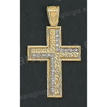 Δίχρωμος βαπτιστικός σταυρός Κ14 χρυσός με λευκόχρυσο για κορίτσι με λουστρέ και ματ γραμμωτό σφυρίλατο φινίρισμα και άσπρες πέτρες ζιργκόν