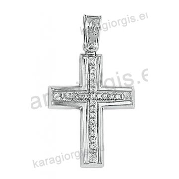 Λευκόχρυσος βαπτιστικός σταυρός Κ14 για κορίτσι με λουστρέ και διαμαντέ φινίρισμα με άσπρες πέτρες ζιργκόν