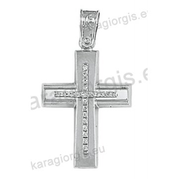 Λευκόχρυσος βαπτιστικός σταυρός Κ14 για κορίτσι με λουστρέ και ματ φινίρισμα με άσπρες πέτρες ζιργκόν
