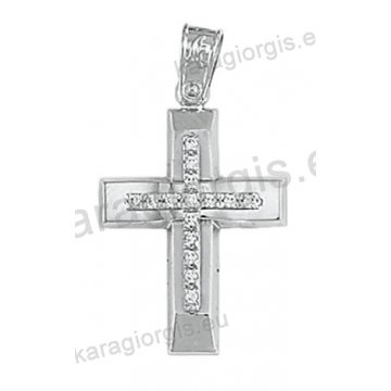 Λευκόχρυσος βαπτιστικός σταυρός Κ14 για κορίτσι με λουστρέ και ματ φινίρισμα με άσπρες πέτρες ζιργκόν