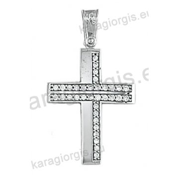 Λευκόχρυσος βαπτιστικός σταυρός Κ14 για κορίτσι με λουστρέ φινίρισμα με άσπρες πέτρες ζιργκόν