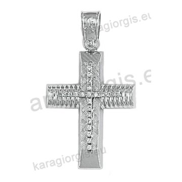Λευκόχρυσος βαπτιστικός σταυρός Κ14 για κορίτσι με λουστρέ και διαμαντέ φινίρισμα με άσπρες πέτρες ζιργκόν