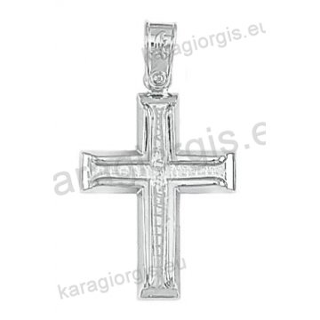 Λευκόχρυσος βαπτιστικός σταυρός Κ14 για αγόρι με λουστρέ και διαμαντέ φινίρισμα