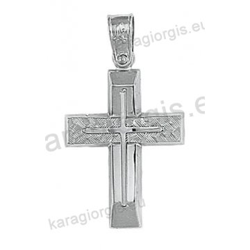 Λευκόχρυσος βαπτιστικός σταυρός Κ14 για αγόρι με λουστρέ και διαμαντέ φινίρισμα
