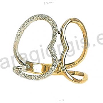 Μοντέρνο δίχρωμο δαχτυλίδι Κ14 λευκόχρυσο με χρυσό με διπλή καρδιά με μαρτιλέ φινίρισμα