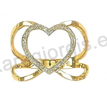 Μοντέρνο δίχρωμο δαχτυλίδι Κ14 λευκόχρυσο με χρυσό σε σχήμα καρδιάς με μαρτιλέ φινίρισμα
