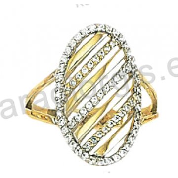 Μοντέρνο δίχρωμο δαχτυλίδι Κ14 λευκόχρυσο με χρυσό με άσπρες πέτρες ζιργκόν
