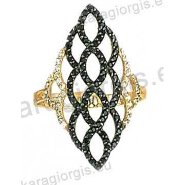 Μοντέρνο δίχρωμο δαχτυλίδι Κ14 λευκόχρυσο με χρυσό με άσπρες και μαύρες πέτρες ζιργκόν