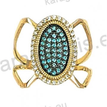 Μοντέρνο δίχρωμο δαχτυλίδι Κ14 λευκόχρυσο με χρυσό με άσπρες και γαλάζιες πέτρες ζιργκόν