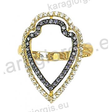 Μοντέρνο δίχρωμο δαχτυλίδι Κ14 λευκόχρυσο με χρυσό με άσπρες και μωβ πέτρες ζιργκόν
