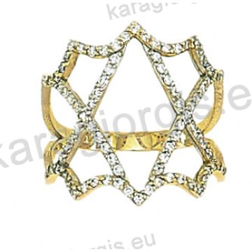 Μοντέρνο δίχρωμο δαχτυλίδι Κ14 λευκόχρυσο με χρυσό με άσπρες πέτρες ζιργκόν