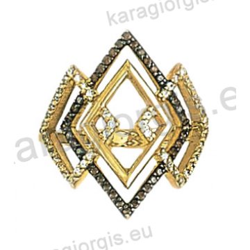 Μοντέρνο δίχρωμο δαχτυλίδι Κ14 λευκόχρυσο με χρυσό με καφέ πέτρες ζιργκόν