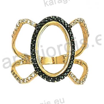 Μοντέρνο δίχρωμο δαχτυλίδι Κ14 λευκόχρυσο με χρυσό με άσπρες και μαύρες πέτρες ζιργκόν