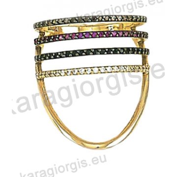 Μοντέρνο δίχρωμο δαχτυλίδι Κ14 λευκόχρυσο με χρυσό με άσπρες, μαύρες, κόκκινες και καφέ πέτρες ζιργκόν