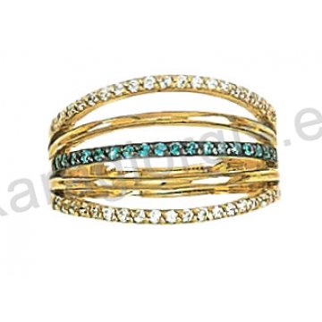 Μοντέρνο δίχρωμο δαχτυλίδι Κ14 λευκόχρυσο με χρυσό με άσπρες και γαλάζιες πέτρες ζιργκόν