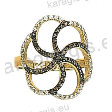 Μοντέρνο δίχρωμο δαχτυλίδι Κ14 λευκόχρυσο με χρυσό με καφέ πέτρες ζιργκόν