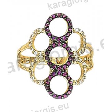 Μοντέρνο δίχρωμο δαχτυλίδι Κ14 λευκόχρυσο με χρυσό με άσπρες και κόκκινες πέτρες ζιργκόν
