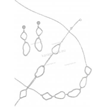 Σετ λευκόχρυσο Κ14 κολιέ, βραχιόλι, σκουλαρίκια με άσπρες πέτρες ζιργκόν