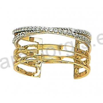 Μοντέρνο δαχτυλίδι δίχρωμο Κ14 χρυσό με λευκόχρυσο πολύβερο με άσπρες πέτρες ζιργκόν