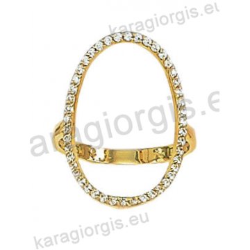 Μοντέρνο δαχτυλίδι χρυσό Κ14 σε σχήμα κύκλου με άσπρες πέτρες ζιργκόν