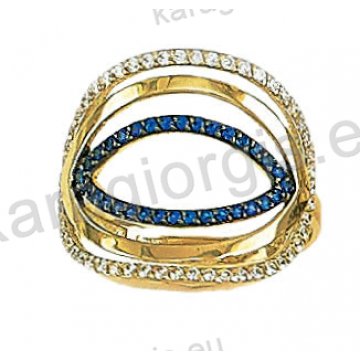 Μοντέρνο δαχτυλίδι χρυσό Κ14 με άσπρες και μπλε πέτρες ζιργκόν και μαύρο πλατίνωμα