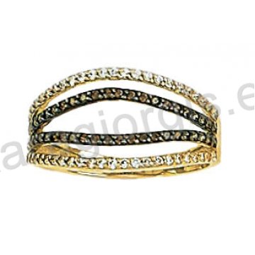 Μοντέρνο δαχτυλίδι χρυσό Κ14 με άσπρες και καφέ πέτρες ζιργκόν και μαύρο πλατίνωμα