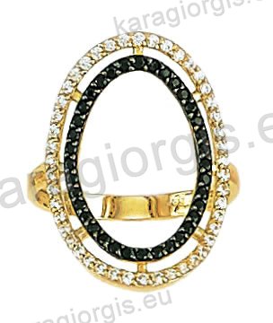 Μοντέρνο δαχτυλίδι χρυσό Κ14 σε σχήμα κύκλου με άσπρες και μαύρες πέτρες ζιργκόν και μαύρο πλατίνωμα