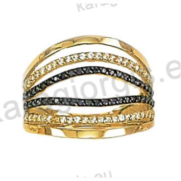 Μοντέρνο δαχτυλίδι χρυσό Κ14 με άσπρες και μαύρες πέτρες ζιργκόν και μαύρο πλατίνωμα