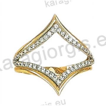 Μοντέρνο δαχτυλίδι δίχρωμο Κ14 χρυσό με λευκόχρυσο με άσπρες πέτρες ζιργκόν