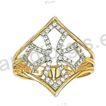Μοντέρνο δαχτυλίδι δίχρωμο Κ14 σε σχήμα σταυρού χρυσό με λευκόχρυσο με άσπρες πέτρες ζιργκόν