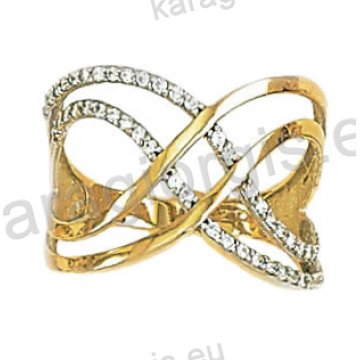 Μοντέρνο δαχτυλίδι δίχρωμο Κ14 χρυσό με λευκόχρυσο με άσπρες πέτρες ζιργκόν
