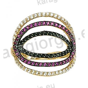 Μοντέρνο δαχτυλίδι χρυσό Κ14 με άσπρες, κόκκινες και μαύρες πέτρες ζιργκόν και μαύρο πλατίνωμα