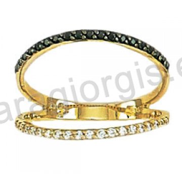 Μοντέρνο δαχτυλίδι χρυσό Κ14 δύβερο με άσπρες και μαύρες πέτρες ζιργκόν και μαύρο πλατίνωμα