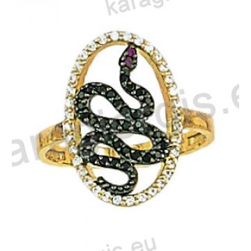 Μοντέρνο δαχτυλίδι χρυσό Κ14 σε σχήμα φίδι με άσπρες, κόκκινες και μαύρες πέτρες ζιργκόν και μαύρο πλατίνωμα