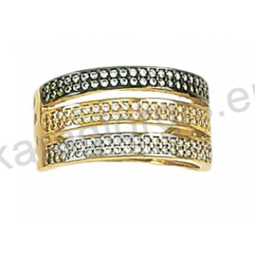 Μοντέρνο δαχτυλίδι χρυσό Κ14 με μαύρο και λευκό πλατίνωμα και άσπρες πέτρες ζιργκόν