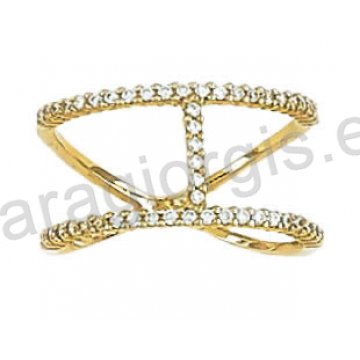 Μοντέρνο δαχτυλίδι χρυσό Κ14 δύβερο με άσπρες πέτρες ζιργκόν