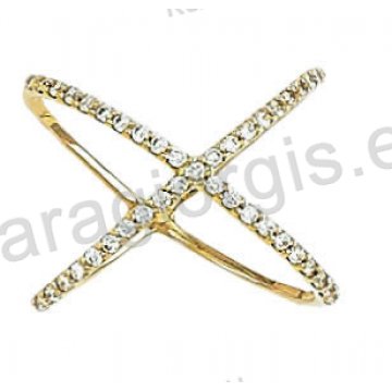 Μοντέρνο δαχτυλίδι χρυσό Κ14 σε σχήμα χιαστί με άσπρες πέτρες ζιργκόν