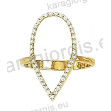 Μοντέρνο δαχτυλίδι χρυσό Κ14 σε σχήμα δάκρυ με άσπρες πέτρες ζιργκόν