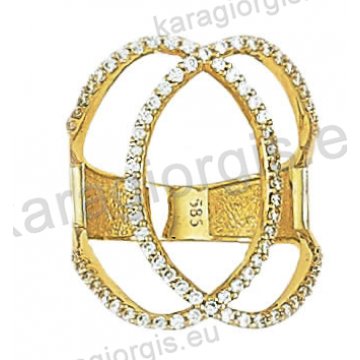 Μοντέρνο δαχτυλίδι χρυσό Κ14 σε σχήμα διπλού κύκλου με άσπρες πέτρες ζιργκόν