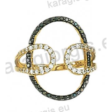 Μοντέρνο δαχτυλίδι χρυσό Κ14 σε σχήμα κύκλου με άσπρες και μαύρες πέτρες ζιργκόν